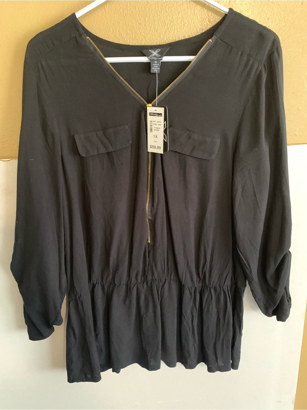 Zip-Front Black Peplum Tunic with Chest Pockets